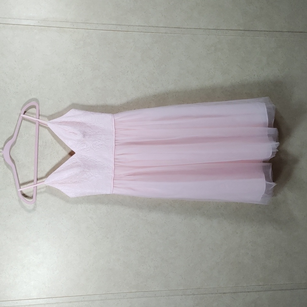 David's Bridal Blush Lace Bodice Midi Dress with Spaghetti Straps